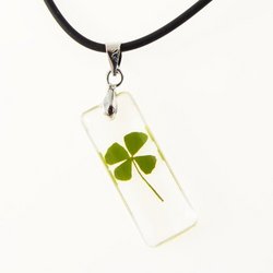 Real Irish Four Leaf Clover Symbol Of Good Luck Clear Pendant Black Rooe Cord Necklace 16"-18"