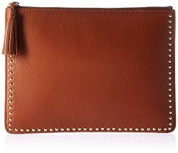 The Fix Cora Studded Leather Flat Clutch With Tasseled Zipper Cigar