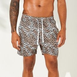 Men Leopard Print Drawstring Beach Leisure Board Shorts