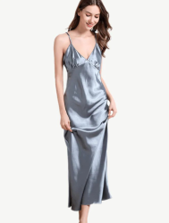 Marilyn Satin Slip Maxi Dress - Steel Blue - Large