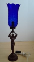 Cast Iron Angel Figurine Lamp With Cobalt Blue Glass Shade