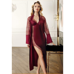 Perin Lingerie Asymmetrical Satin & Lace Slip Dress With Flared Sleeve Belted Robe Burgundy - L 36