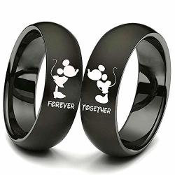 Xahh 2PC Matching Set His And Hers Couple Titanium Steel Rings Mickey Mouse Kiss Forever Together Promise Wedding Band Black Women Size 12