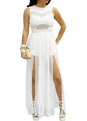 Red Dot Boutique 6630 - Plus Size Double Slits Lace Chiffon Jumpsuit Maxi Dress 1X White