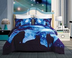 Imiee Wolf And Blue Galaxy Print Comforter Sets 3 Pieces ...