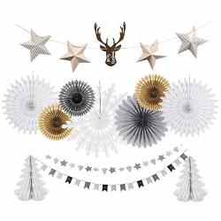 Christmas Hanging Paper Decorations Vintage Tissue Paper Snowflake Fans Star Deer Garland Paper Christmas Tree Honeycomb Fireplace Xmas Party Holiday Supplies Sunbeauty