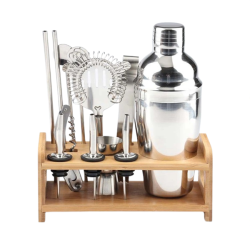 13 Piece Stainless Steel Cocktail Shaker Set With Bamboo Stand Base
