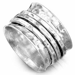 Boho-magic 925 Sterling Silver Spinner Ring For Women 3 Fidget Rings Band Wide Hammered 9