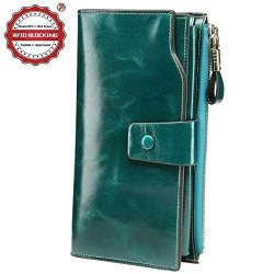 Itslife Women's Rfid Blocking Large Capacity Luxury Wax Genuine Leather Clutch Wallet Card Holder Ladies Purse Green Rfid Blocking