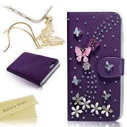 Mavis's Diary Iphone 6 Plus Case 5.5" 3D Handmade Bling Wallet Lovely Butterfly Shiny Diamond Flowers Pu Leather Card Holder Flip Folio Protective Cover