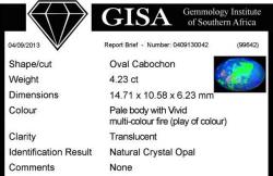 G.i.s.a. Certified 4.23ct Opal - Vivid Multi-colour Play Of Fire