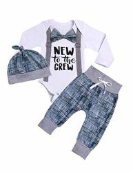 Newborn Baby Boy Clothes New To The Crew Letter Print Romper+long Pants+hat 3PCS Outfits Set 6-9 M Blue