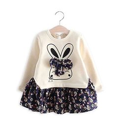 Patpat Baby Toddler Girls Long Sleeve Flower Dress Rabbit Print Fall & Winter Skater Dress Navy Size 4-5 Years