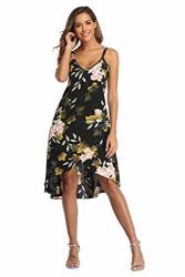 Mussin Women's V Neck Sleeveless Summer Sundress Asymmetrical Floral High Low Midi Dress Flowy Black M