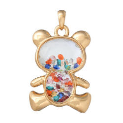 Floating Glass - Locket Pendant - Bear - Gold Plated - Multicolor Rhinestones - 5.0cmx3.1cm