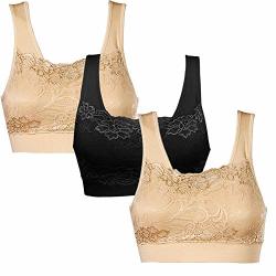 Girlfriends Women's Sports Bra Wire Free Smooth Camisole Top With Lace Overlay And Removable Cotton Pads Pack Of 3 38B 38C 38D 40A Beige beige black