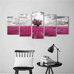 5 Panels Paintings Art Canvas Prints Modern Canvas Painting Wall Art Nature Surreal Enchanted Oniric Meadow With Single Tree Idyllic Unusual Scene Hot Pink
