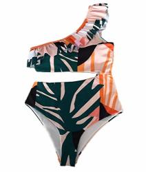 Women's Ruffle One Shoulder Off Cutout One Piece Swimsuit Floral Print High Waist Bathing Suit Medium Multicolored