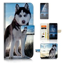 For Nokia 8 Flip Wallet Case Cover & Screen Protector Bundle - A21085 Husky Dog