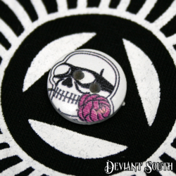 Diy 15mm Wood Button - Skull With Pink Rose