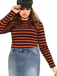 Milumia Women's Casual Striped Ribbed Tee Knit Crop Top MULTICOLOR-2 1XL