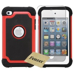 Red Hybrid Rubber Matte Hard Case Cover For Apple Ipod Touch 4 With Screen Protector