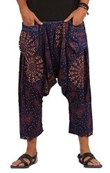 Mens Ths Wo Harem Shorts Capri 3 4 Shorts Pants - Mandala Style Blue