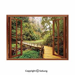 Apartment Decor Removable Wall Sticker wall Mural Wooden Bridge Over Mountain River Among Trees And Rocks In The Zhangjiajie Forest Park Decorative Creative Open Window