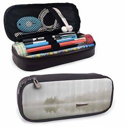 Landscape Pencil Case Big Capacity Storage Boat On The Lake With Silhouettes Of Trees On The Water Sky Nature Art With Compartment Eggshell Brown Orange