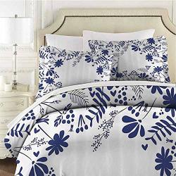 Qiaoqiaolo Navy Bedding 3-PIECE Queen Bed Sheets Set Botanical Beauty Flower Branches Ferns Leaves Bushes Spring Themed Illustration Bedding Set All Season Quilt Set