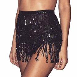 Women Belly Dance Hip Scarf Skirt Tassel Sequins Performance Outfits Skirt Festival Clothing Black One Size