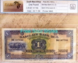 Very Rare In This Condition - 1958 South West Africa 1 Pound Note Sangs Graded Au 53