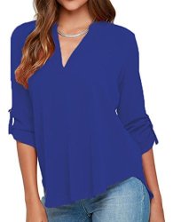 Grace Elbe Women's Casual V Neck Cuffed Sleeves Solid Chiffon Blouse Top Royal Blue Large
