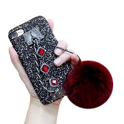 Dstores For Iphone 5 Fur Case Luxury Fashion Bling Glitter Diamond Rhinestone Back Case Cover With Rabbut Fur Pom Gemstone Hand Metal Chain Holder