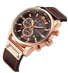 Men Chronograph Sport Watches Brown Leather Strap Quartz Watch Business Casual Wrist Watch For Men Gold