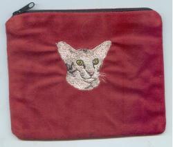 Embroidered Cat On Make Up Bag - Oriental On Burgandy