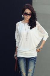 Long Sleeve Shirt With Lace Detail - White