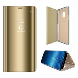 Hontech Galaxy S9 Case Translucent View Mirror Flip Electroplate Stand Case For Samsung Galaxy S9 Gold