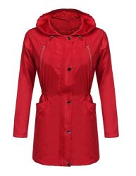 SE Miu Women's Waterproof Hooded Raincoat Lightweight Lining Zipper Outdoor Rain Jacket Red L
