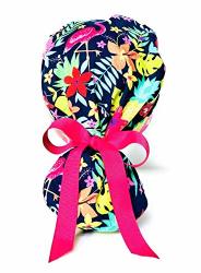 Summer Tropical Flamingo Ponytail Scrub Cap For Women With Pink Ribbon