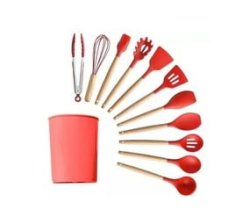 Wooden Handle Silicone Kitchen Utensil Tools 12 Set - Red