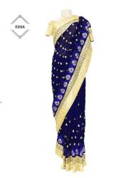 Elegant Fully Embroidered Blue Saree With Thick Border And Stones.