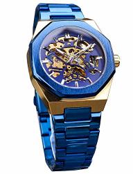 Forsining Mens Business Automatic Mechanical Wrist Watch Waterproof Blue Stainless Steel Transparent Fashion Design