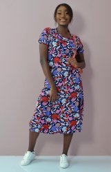 Ladies Short Sleeve Floral Dress - Navy - Navy XL