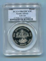 Pcgs Proof Pr62dcam South Africa 1986 R1 Johannesburg Silver Coin