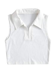 Shein Women's Sleeveless Lapel Collar Crop Tank Tee Tops Solid Rib Knit Vest White Large