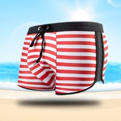 Mens Classic Red White Stripe Quick-drying Cozy Beach Holiday Hot Springs Swimm