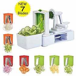 Spiralizer Vegetable Slicer 7-BLADES Strongest-and-heaviest Duty Vegetable Spiral Slicer Best Veggie Salad Pasta Spaghetti Maker For Keto paleo gluten-free With Extra Blade Container
