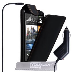 Htc One MINI Case Black Pu Leather Flip Cover With Car Charger