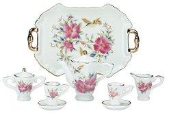 Everspring Miniature Collectible Hummingbird & Flowers Porcelain Tea Set: Teapot Sugar Bowl Creamer 2 Teacups Serving Platter
